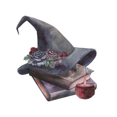 Witch's magical book with hat, roses, red wax candle isolated on white. Watercolor hand drawn dark fantasy sketch illustration. Art design mystical halloween witch decoration greeting card