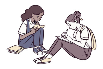 Sharing Knowledge and Learning: Two young ladies in a learning environment. One studies a book, another is writing in a notebook and both exude focus and dedication
