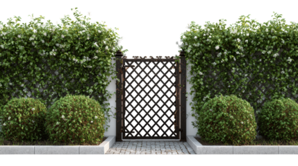 Elegant garden gate framed by lush green shrubs and neatly trimmed bushes, isolated on white background.