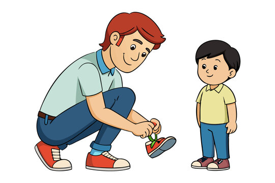 Father-Son Shoe Tying: An illustration of a father affectionately tying his son's shoe, a heartwarming moment of everyday bonding. This scene encapsulates tenderness and fatherly love.