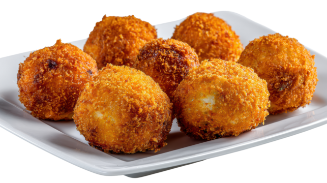 Golden, crispy fried balls, perfectly arranged on a white plate, ideal for appetizers or snacks.