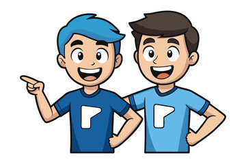 Friendly Duo: A vibrant cartoon captures two boys, dressed in complementary blue tones, as they stand together, showcasing unity and camaraderie.