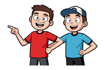Friendly Duo's Illustration: Illustration depicting two happy friends sharing a moment, one pointing toward something, with an energetic sense of companionship and joy.