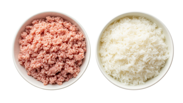 Ground meat and white rice in bowls on a white background.