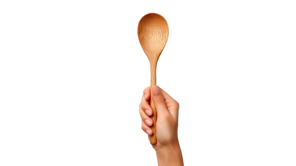 Hand holding a wooden spoon, isolated on white background.