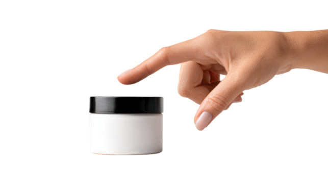 Hand reaching for a cosmetic jar, white isolate background.