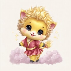 A  lion dance character dances joyfully above fluffy clouds, dressed in a dazzling red-golden costume for the festive 2026 celebrations.