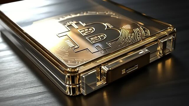 Glimmering Bitcoin Wallet on a Dark Wooden Surface with Soft Light Highlighting Its Features