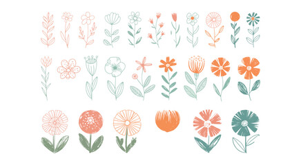 Cute floral simple doodle botanical art. Flowers, leaves, greenery kid style drawings. Crayon pencil vector. Spring, summer childish blossoms.