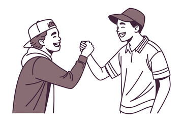 Friendship Bond: Two male friends, rendered in a crisp illustration style, are depicted in a handshake, their faces beaming with happiness, signifying camaraderie and mutual respect.