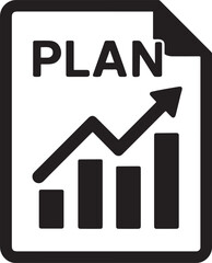 Silhouette vector of rising bar graph with plan document icon representing business growth, planning, and progress.
