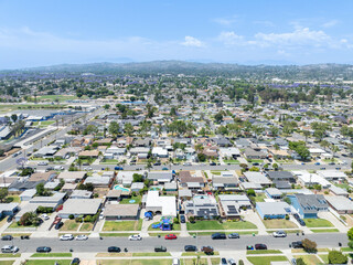 Day time aerial view of the Uptown area of Whittier with house and street, California, USA