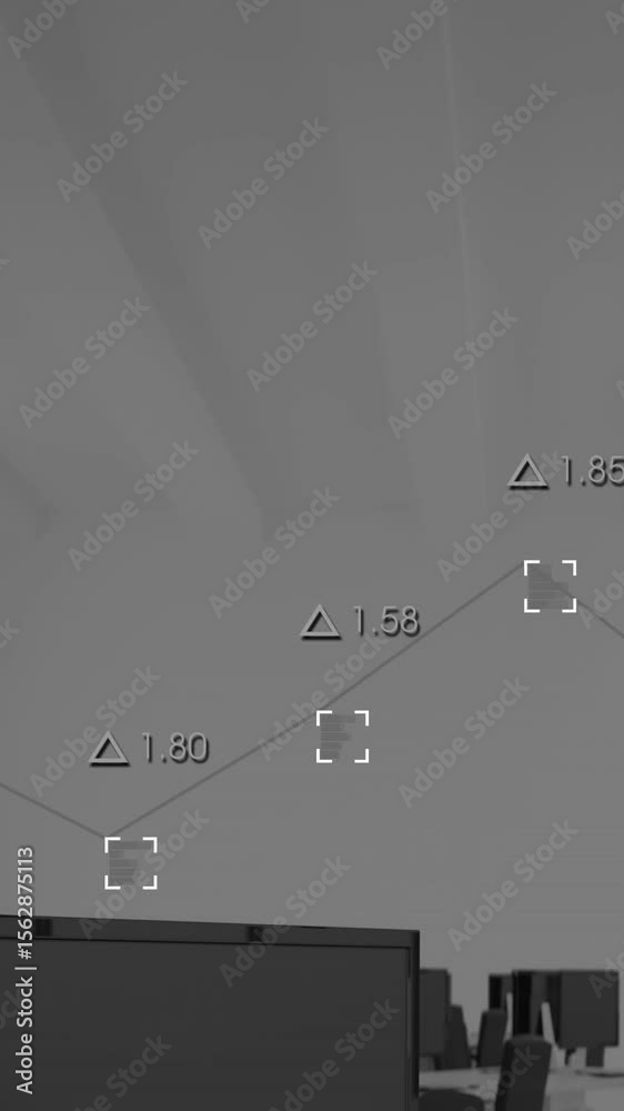 Poster animation of graph with viewfinders and changing numbers over desktops in office