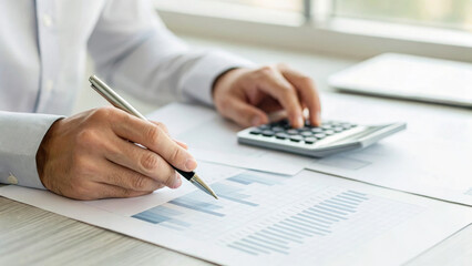 Naklejka premium Tax finance budget, Financial accounting concepts. Close up of hands calculating tax with pen, calculator, financial document . Payment, Debt, Penalty, Credit, Bill, Businessman, Office, Money