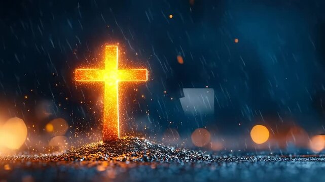 Glowing cross rain night illuminated Christian symbol of hope, faith, and spirituality stands wet ground, radiating dramatic illumination and spiritual atmosphere, symbolizing hope, faith