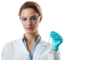 Scientist holding test tube, wearing protective goggles and gloves, on white isolated background.