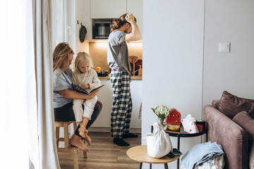Family Morning at Home in Pajamas