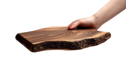 Stylish wooden serving board held by a hand, ideal for culinary presentations, white isolate background.