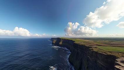 Aerial view of Cliffs of Moher, Ireland, with rainbow and ocean