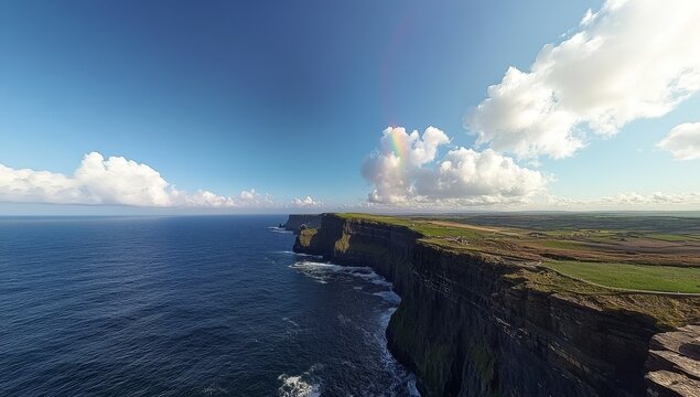 Aerial view of Cliffs of Moher, Ireland, with rainbow and ocean - Powered by Adobe