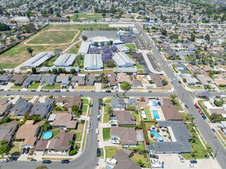 Day time aerial view of the Uptown area of Whittier with house and street, California, USA