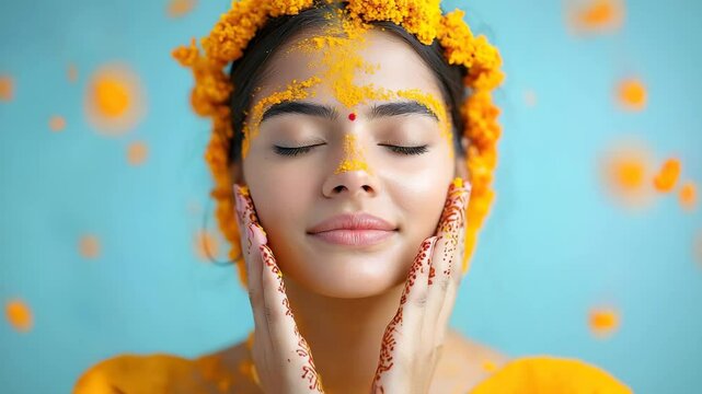 Woman with closed eyes marigold flower crown yellow powder face red bindi henna hands serene expression traditional attire blue background festive cultural celebration young woman expressing joy