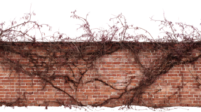 Vines climbing over an old brick wall, nature's touch on urban structure.