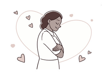Contentment: A softly shaded illustration of a woman embodies self-love, her arms crossed tenderly against her chest, a gentle smile gracing her lips, surrounded by delicate hearts.
