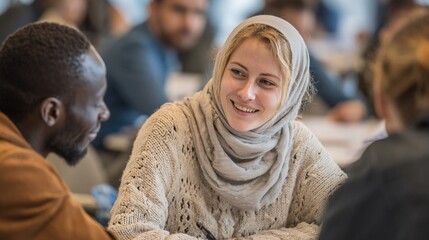 Social worker meeting with refugees at a cultural center, providing assistance with integration and community resources photo. High quality