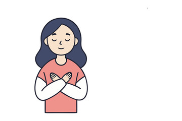 Serene Self-Love: A person exudes tranquility, embracing self-love with a peaceful expression and hands gently crossed over heart. This artwork perfectly captures inner peace and self-acceptance.