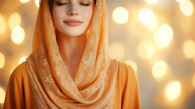 Woman in elegant lace hijab with soft smile and peaceful expression, wearing orange lace scarf, modest fashion style, golden bokeh background, serene atmosphere, beauty and tranquility