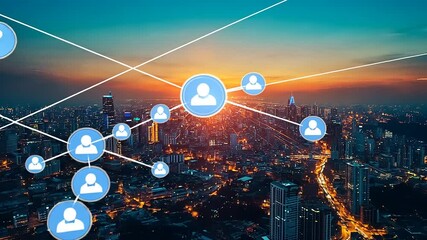 A vibrant city skyline at sunset with digital networking icons illustrating connections among people - Powered by Adobe