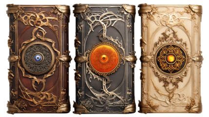 Three ornate, antique books with intricate golden embellishments offer a vintage, mystical feel Isolated on transparent Background