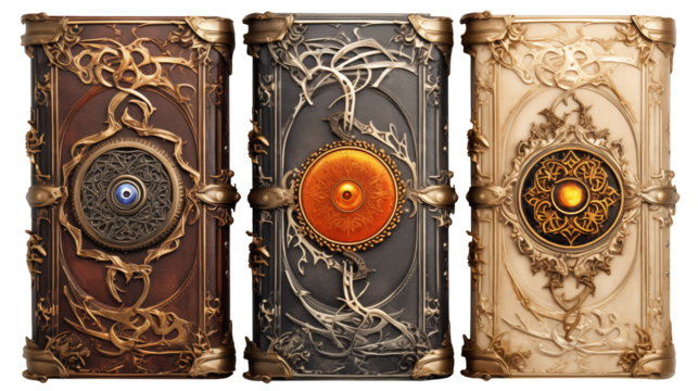 Three ornate, antique books with intricate golden embellishments offer a vintage, mystical feel Isolated on transparent Background 