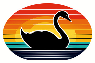 A swan swimming silhouette on retro vintage striped sunset on white background