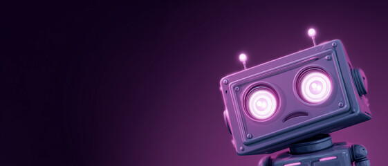 Illustration of a sad robot with glowing eyes against a dark purple gradient background space for text