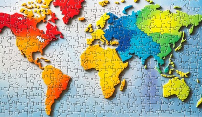 Colorful puzzle world map, diverse continents, abstract background, educational use