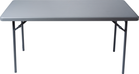 Gray Rectangular Folding Table with Metal Legs and Locking Mechanism.