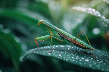 Mantis on a dewy leaf