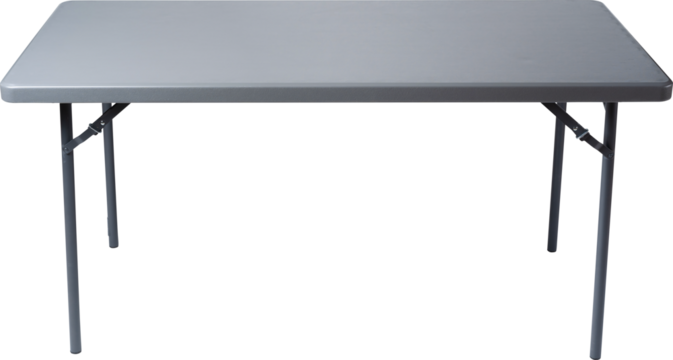 Gray Rectangular Folding Table with Metal Legs and Locking Mechanism.