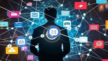 Business professional analyzing digital data connections with various icons in a tech-themed background - Powered by Adobe
