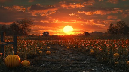 Pumpkins Farm Sunset ultra-detailed artwork in sharp focus featuring enhanced clarity dramatic lighting minimal background ideal for posters prints digital media