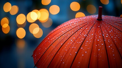 Red umbrella in the rain with blurred lights