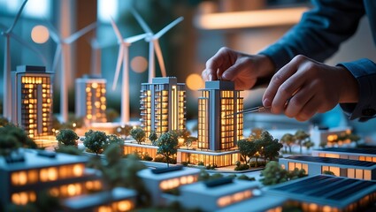 Obraz premium Engineers collaborating on sustainable architecture model with wind turbines, solar panels, and green building design in office