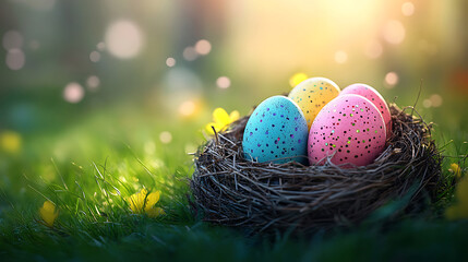 Pastel colored easter eggs in a nest with bokeh background creating a festive springtime image