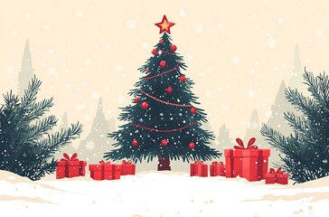 Obraz premium Decorated Christmas tree with red gifts in snowy landscape red ornaments red star