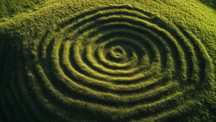 Spiral design in green grass, nature background