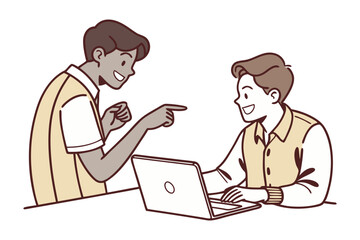 Teamwork and Ideas: Two colleagues share an idea on a laptop. Illustration showcasing collaboration and problem-solving with a friendly interaction.