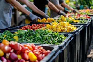Food waste environmental concept: People tossing food waste into bins to decompose and reduce waste, promoting sustainability, Generative AI
