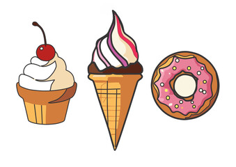 Colorful Flat Candy Icons Collection – icecream, donut, cupcake Vector Isolated 

